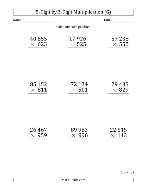 The Multiplying 5-Digit by 3-Digit Numbers (Large Print) with Space-Separated Thousands (G) Math Worksheet