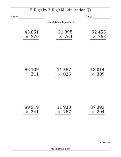 The Multiplying 5-Digit by 3-Digit Numbers (Large Print) with Space-Separated Thousands (J) Math Worksheet