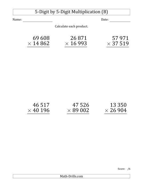 The Multiplying 5-Digit by 5-Digit Numbers (Large Print) with Space-Separated Thousands (B) Math Worksheet
