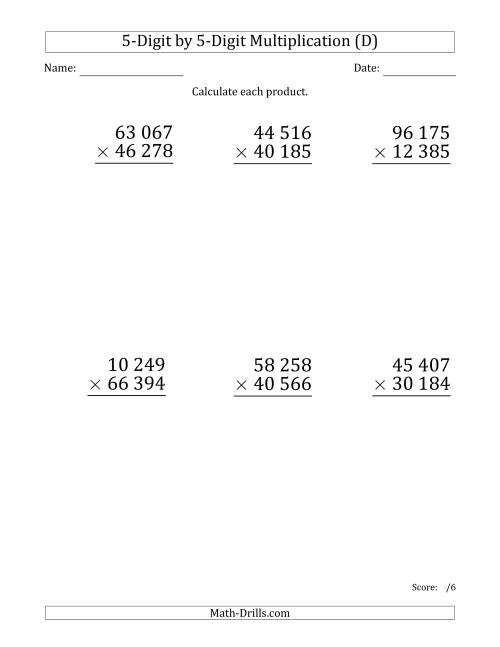 The Multiplying 5-Digit by 5-Digit Numbers (Large Print) with Space-Separated Thousands (D) Math Worksheet