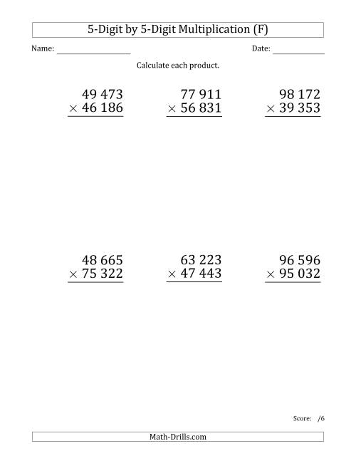 The Multiplying 5-Digit by 5-Digit Numbers (Large Print) with Space-Separated Thousands (F) Math Worksheet