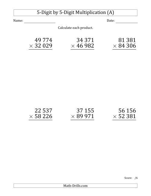 The Multiplying 5-Digit by 5-Digit Numbers (Large Print) with Space-Separated Thousands (All) Math Worksheet