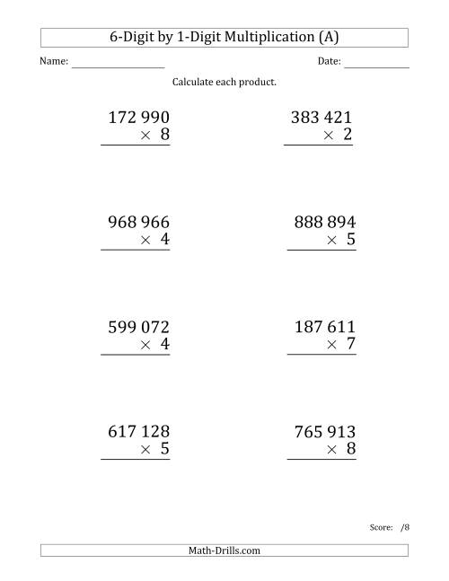 The Multiplying 6-Digit by 1-Digit Numbers (Large Print) with Space-Separated Thousands (A) Math Worksheet