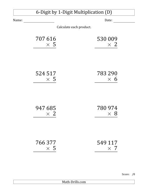 The Multiplying 6-Digit by 1-Digit Numbers (Large Print) with Space-Separated Thousands (D) Math Worksheet
