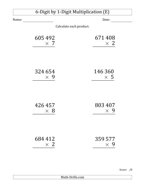 The Multiplying 6-Digit by 1-Digit Numbers (Large Print) with Space-Separated Thousands (E) Math Worksheet