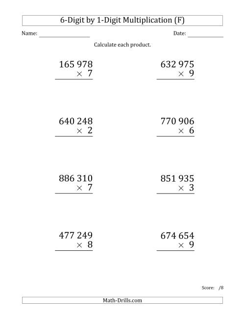 The Multiplying 6-Digit by 1-Digit Numbers (Large Print) with Space-Separated Thousands (F) Math Worksheet