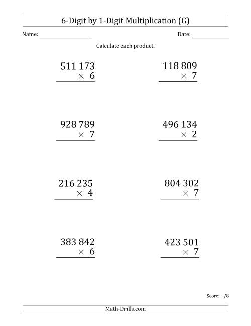 The Multiplying 6-Digit by 1-Digit Numbers (Large Print) with Space-Separated Thousands (G) Math Worksheet