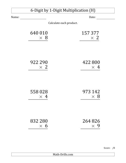 The Multiplying 6-Digit by 1-Digit Numbers (Large Print) with Space-Separated Thousands (H) Math Worksheet