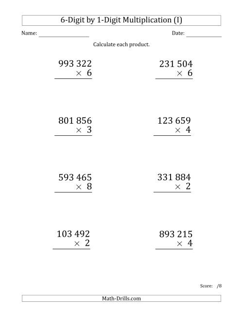 The Multiplying 6-Digit by 1-Digit Numbers (Large Print) with Space-Separated Thousands (I) Math Worksheet