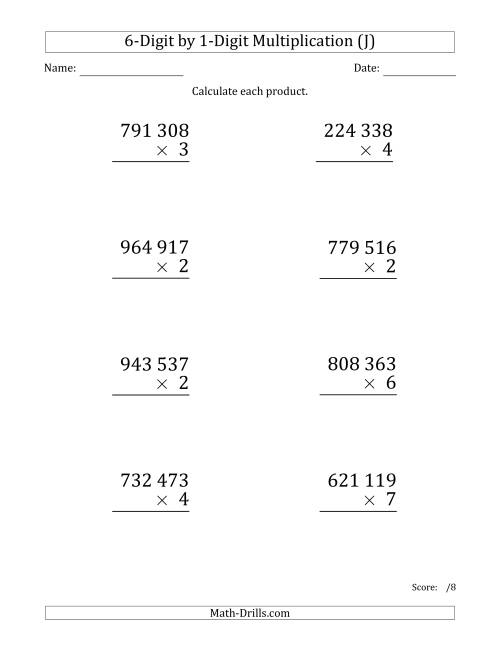 The Multiplying 6-Digit by 1-Digit Numbers (Large Print) with Space-Separated Thousands (J) Math Worksheet