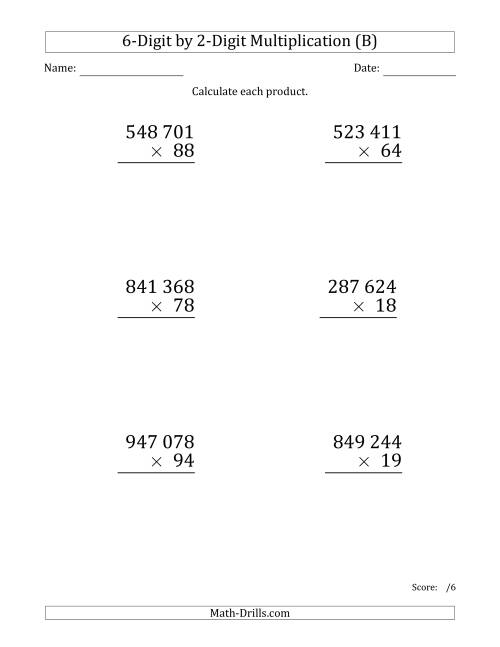 The Multiplying 6-Digit by 2-Digit Numbers (Large Print) with Space-Separated Thousands (B) Math Worksheet