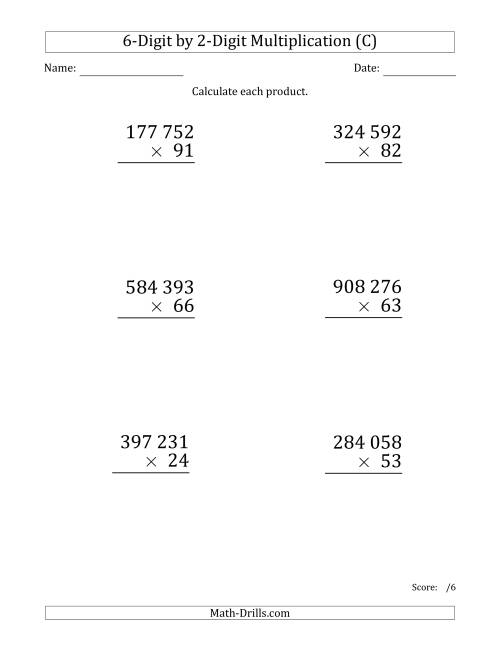 The Multiplying 6-Digit by 2-Digit Numbers (Large Print) with Space-Separated Thousands (C) Math Worksheet