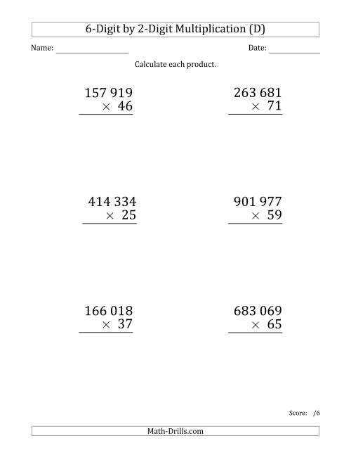 The Multiplying 6-Digit by 2-Digit Numbers (Large Print) with Space-Separated Thousands (D) Math Worksheet
