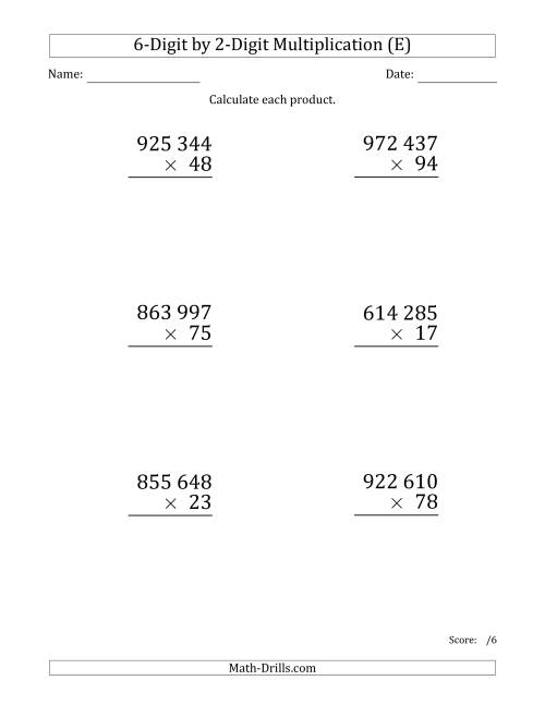 The Multiplying 6-Digit by 2-Digit Numbers (Large Print) with Space-Separated Thousands (E) Math Worksheet