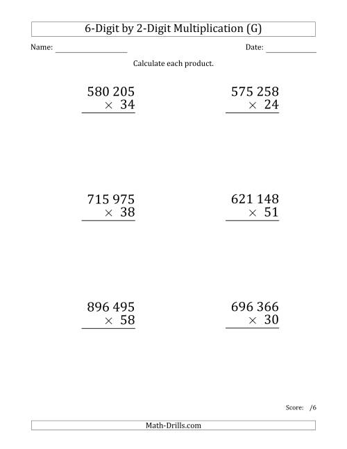 The Multiplying 6-Digit by 2-Digit Numbers (Large Print) with Space-Separated Thousands (G) Math Worksheet