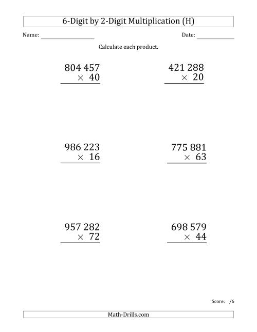 The Multiplying 6-Digit by 2-Digit Numbers (Large Print) with Space-Separated Thousands (H) Math Worksheet