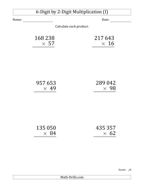 The Multiplying 6-Digit by 2-Digit Numbers (Large Print) with Space-Separated Thousands (I) Math Worksheet