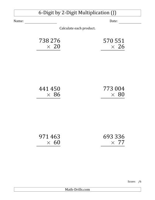 The Multiplying 6-Digit by 2-Digit Numbers (Large Print) with Space-Separated Thousands (J) Math Worksheet