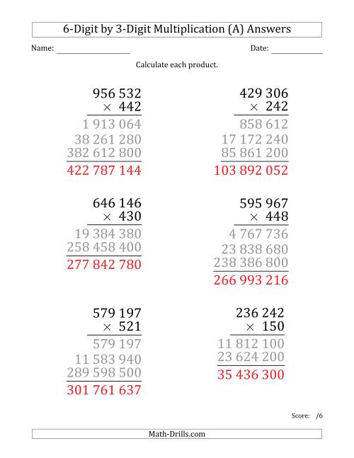 The Multiplying 6-Digit by 3-Digit Numbers (Large Print) with Space-Separated Thousands (A) Math Worksheet Page 2