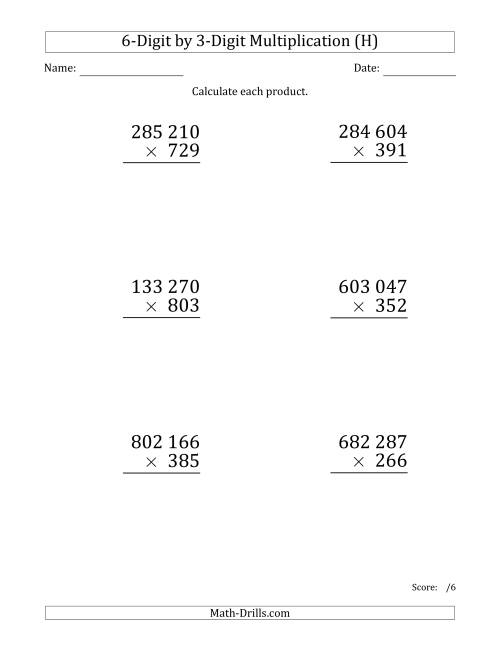 The Multiplying 6-Digit by 3-Digit Numbers (Large Print) with Space-Separated Thousands (H) Math Worksheet