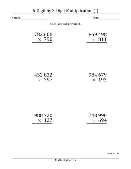 The Multiplying 6-Digit by 3-Digit Numbers (Large Print) with Space-Separated Thousands (I) Math Worksheet