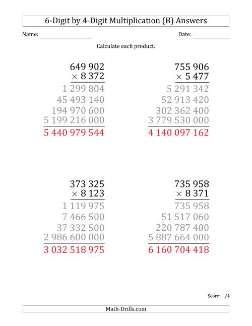 The Multiplying 6-Digit by 4-Digit Numbers (Large Print) with Space-Separated Thousands (B) Math Worksheet Page 2