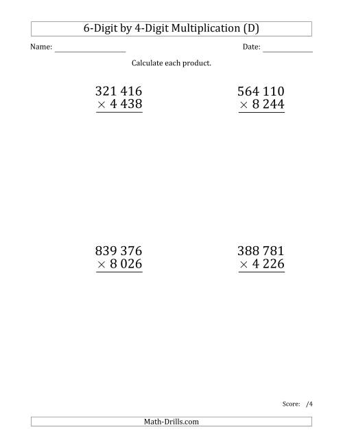 The Multiplying 6-Digit by 4-Digit Numbers (Large Print) with Space-Separated Thousands (D) Math Worksheet