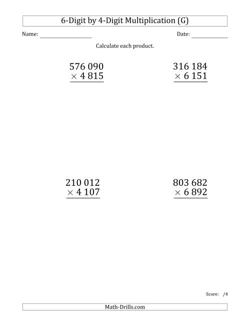 The Multiplying 6-Digit by 4-Digit Numbers (Large Print) with Space-Separated Thousands (G) Math Worksheet