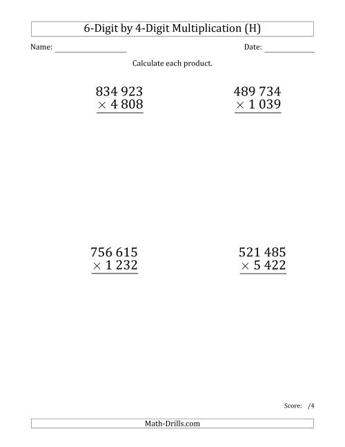 The Multiplying 6-Digit by 4-Digit Numbers (Large Print) with Space-Separated Thousands (H) Math Worksheet