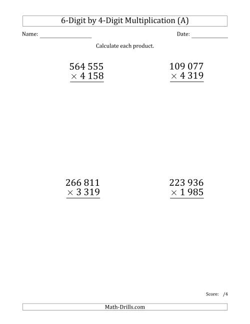 The Multiplying 6-Digit by 4-Digit Numbers (Large Print) with Space-Separated Thousands (All) Math Worksheet
