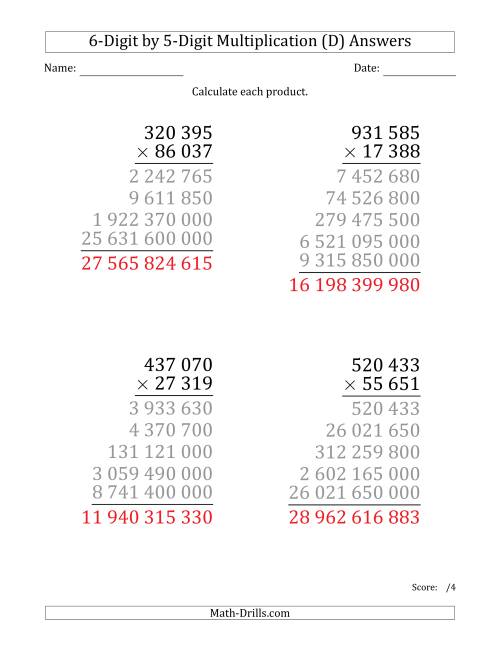 The Multiplying 6-Digit by 5-Digit Numbers (Large Print) with Space-Separated Thousands (D) Math Worksheet Page 2