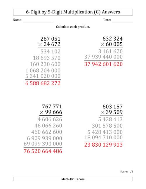 The Multiplying 6-Digit by 5-Digit Numbers (Large Print) with Space-Separated Thousands (G) Math Worksheet Page 2