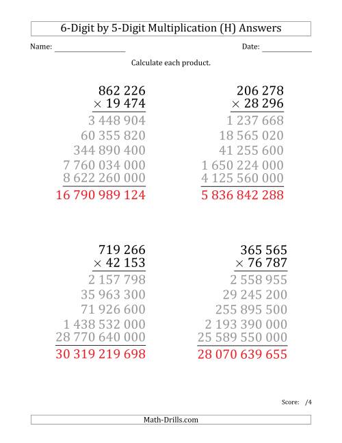 The Multiplying 6-Digit by 5-Digit Numbers (Large Print) with Space-Separated Thousands (H) Math Worksheet Page 2