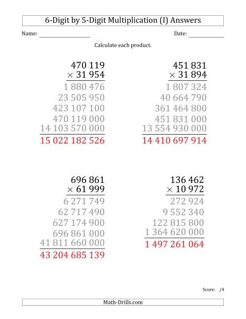 The Multiplying 6-Digit by 5-Digit Numbers (Large Print) with Space-Separated Thousands (I) Math Worksheet Page 2