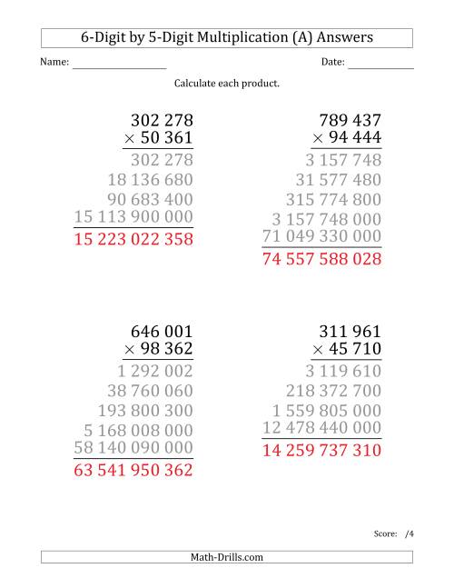 The Multiplying 6-Digit by 5-Digit Numbers (Large Print) with Space-Separated Thousands (All) Math Worksheet Page 2