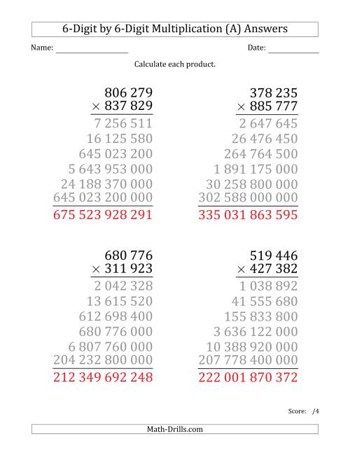 The Multiplying 6-Digit by 6-Digit Numbers (Large Print) with Space-Separated Thousands (A) Math Worksheet Page 2