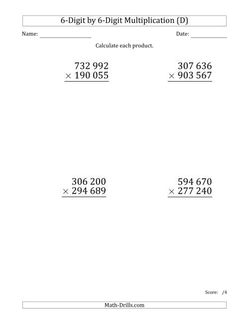The Multiplying 6-Digit by 6-Digit Numbers (Large Print) with Space-Separated Thousands (D) Math Worksheet