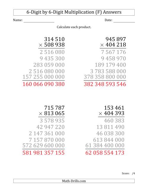 The Multiplying 6-Digit by 6-Digit Numbers (Large Print) with Space-Separated Thousands (F) Math Worksheet Page 2