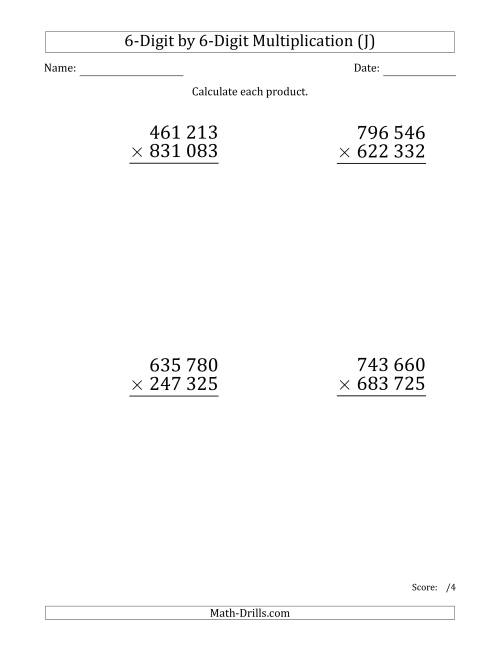 The Multiplying 6-Digit by 6-Digit Numbers (Large Print) with Space-Separated Thousands (J) Math Worksheet