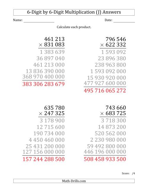 The Multiplying 6-Digit by 6-Digit Numbers (Large Print) with Space-Separated Thousands (J) Math Worksheet Page 2