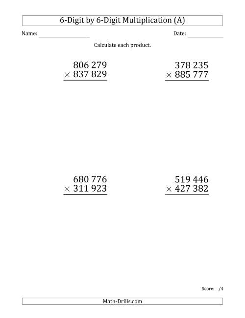 The Multiplying 6-Digit by 6-Digit Numbers (Large Print) with Space-Separated Thousands (All) Math Worksheet