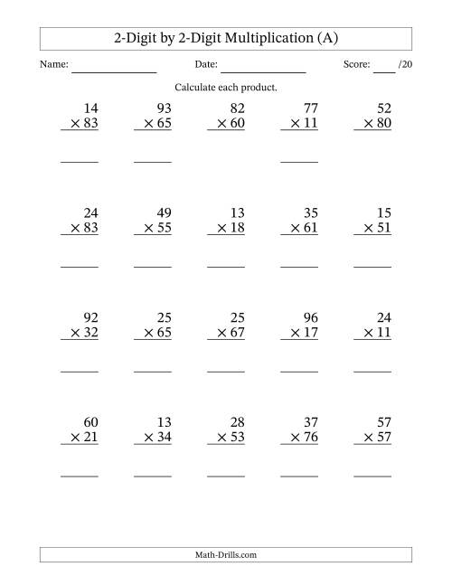 The Multiplying 2-Digit by 2-Digit Numbers (A) Math Worksheet