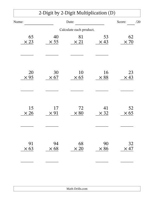 The Multiplying 2-Digit by 2-Digit Numbers (D) Math Worksheet