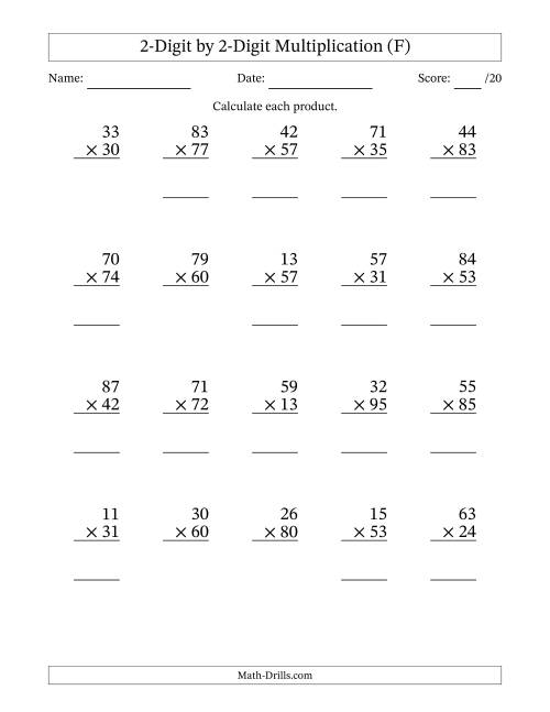 The Multiplying 2-Digit by 2-Digit Numbers (F) Math Worksheet
