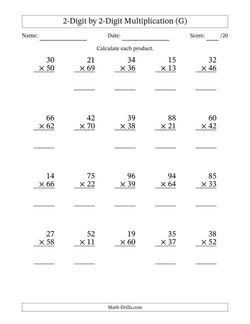 The Multiplying 2-Digit by 2-Digit Numbers (G) Math Worksheet