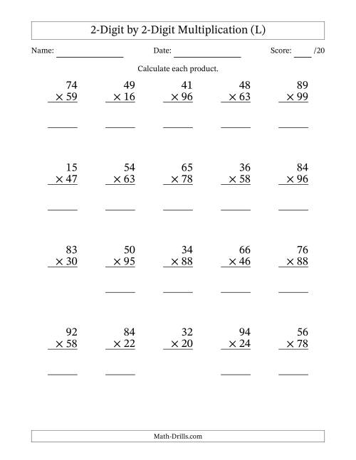 The Multiplying 2-Digit by 2-Digit Numbers (L) Math Worksheet