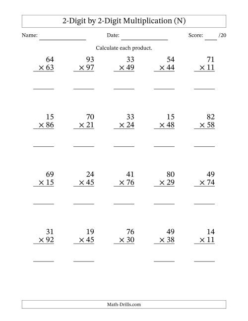 The Multiplying 2-Digit by 2-Digit Numbers (N) Math Worksheet