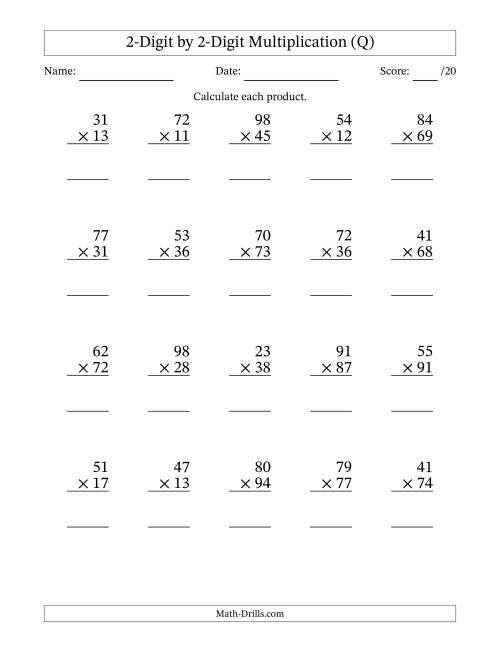 The Multiplying 2-Digit by 2-Digit Numbers (Q) Math Worksheet
