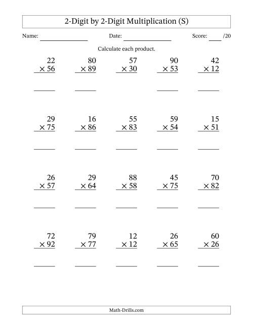 The Multiplying 2-Digit by 2-Digit Numbers (S) Math Worksheet