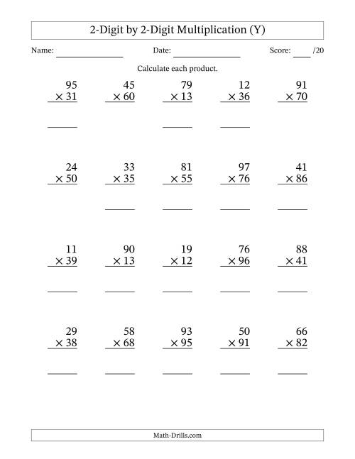 The Multiplying 2-Digit by 2-Digit Numbers (Y) Math Worksheet